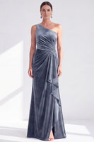 Load image into Gallery viewer, Grey Blue Velvet One Shoulder Mermaid Ruffled Long Mother of the Bride Dress