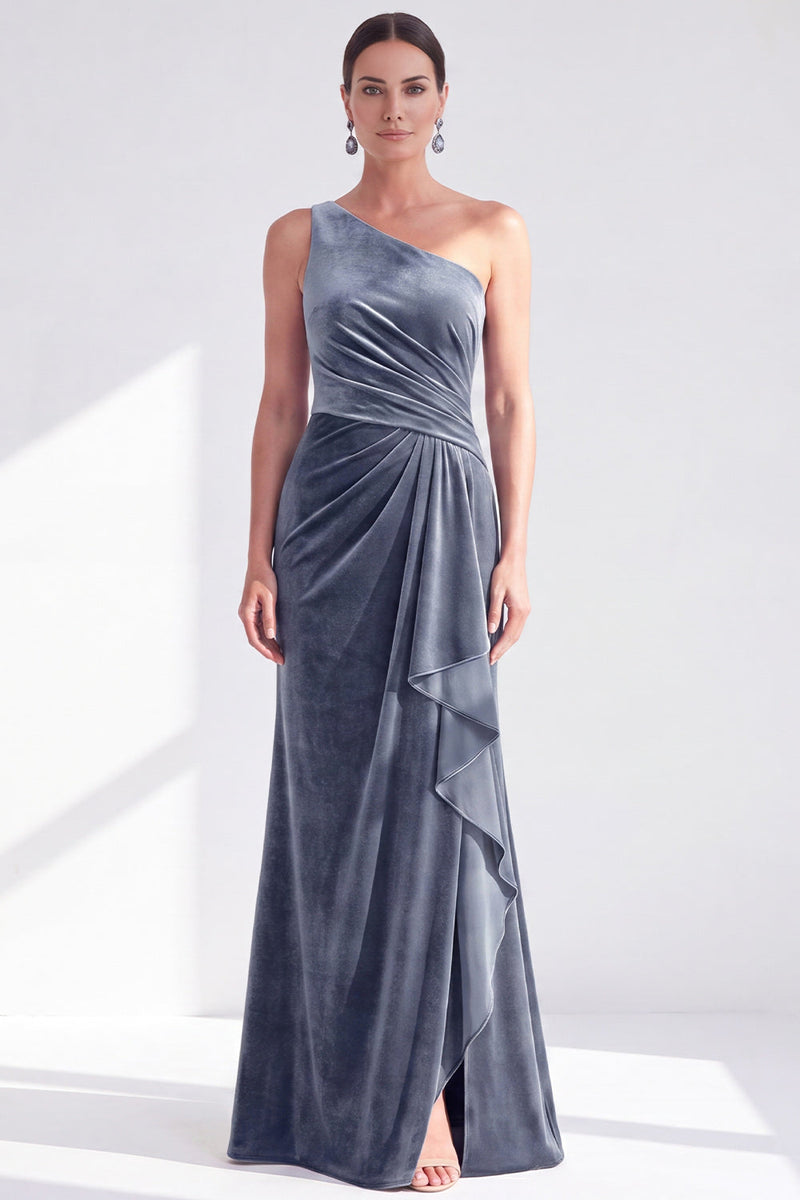 Load image into Gallery viewer, Grey Blue Velvet One Shoulder Mermaid Ruffled Long Mother of the Bride Dress