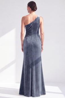 Grey Blue Velvet One Shoulder Mermaid Ruffled Long Mother of the Bride Dress