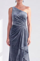 Load image into Gallery viewer, Grey Blue Velvet One Shoulder Mermaid Ruffled Long Mother of the Bride Dress