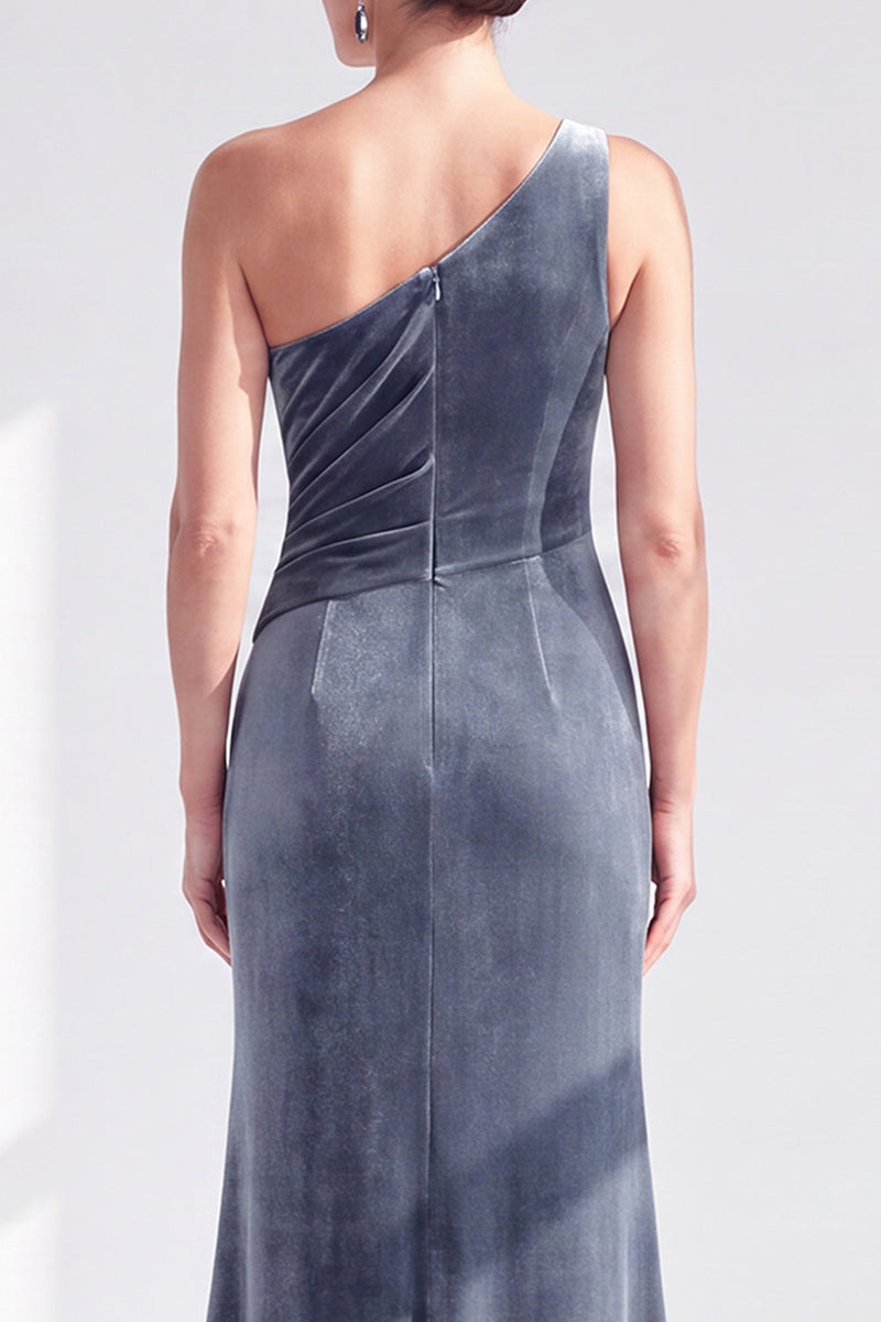 Load image into Gallery viewer, Grey Blue Velvet One Shoulder Mermaid Ruffled Long Mother of the Bride Dress