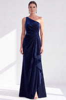 Load image into Gallery viewer, Grey Blue Velvet One Shoulder Mermaid Ruffled Long Mother of the Bride Dress