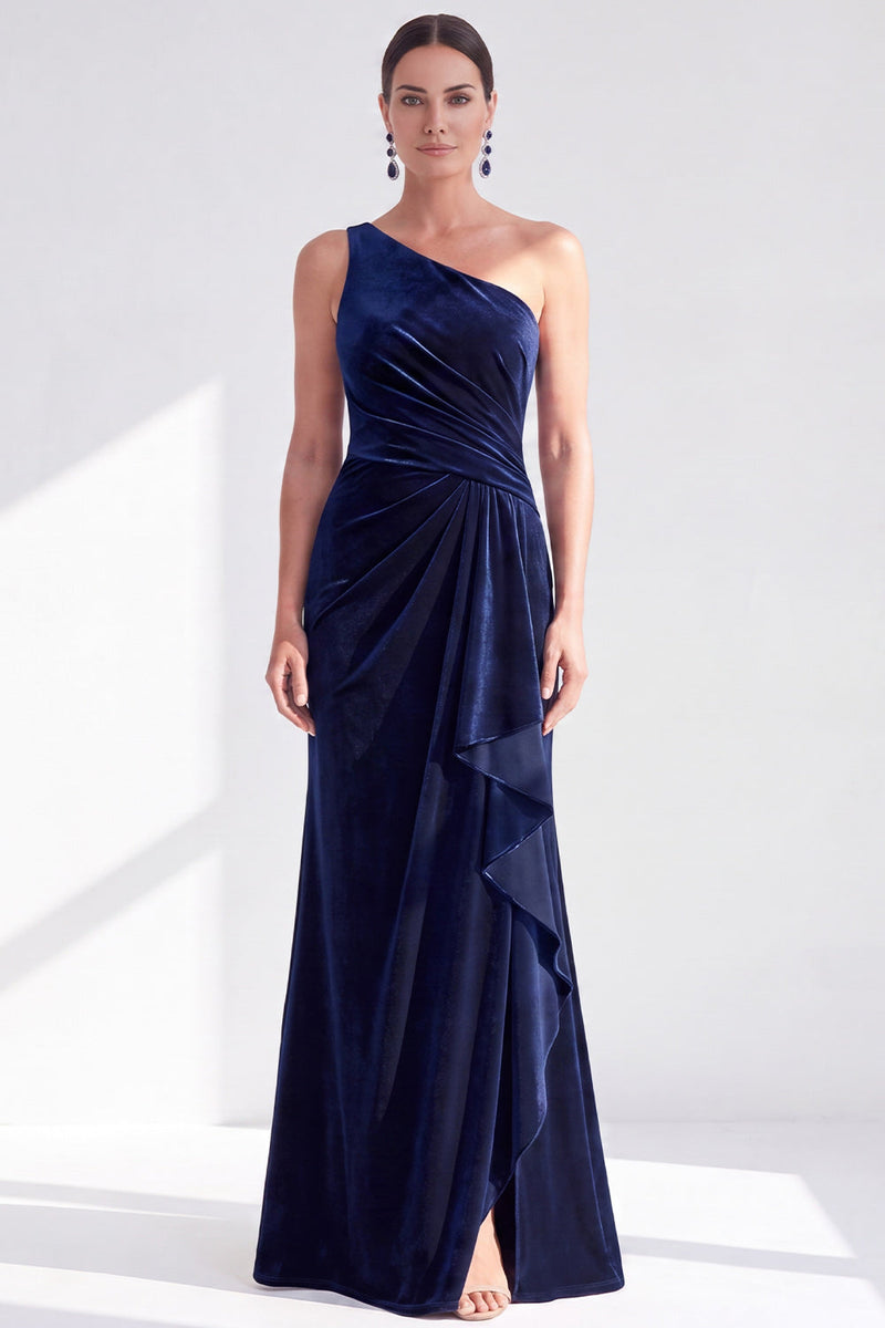 Load image into Gallery viewer, Grey Blue Velvet One Shoulder Mermaid Ruffled Long Mother of the Bride Dress