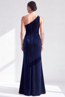 Load image into Gallery viewer, Grey Blue Velvet One Shoulder Mermaid Ruffled Long Mother of the Bride Dress