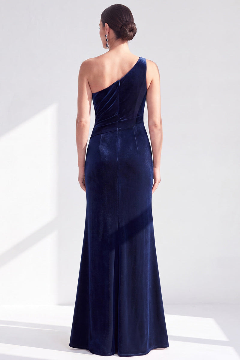Load image into Gallery viewer, Grey Blue Velvet One Shoulder Mermaid Ruffled Long Mother of the Bride Dress