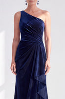 Load image into Gallery viewer, Grey Blue Velvet One Shoulder Mermaid Ruffled Long Mother of the Bride Dress
