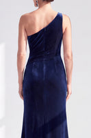 Load image into Gallery viewer, Grey Blue Velvet One Shoulder Mermaid Ruffled Long Mother of the Bride Dress