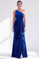 Load image into Gallery viewer, Grey Blue Velvet One Shoulder Mermaid Ruffled Long Mother of the Bride Dress