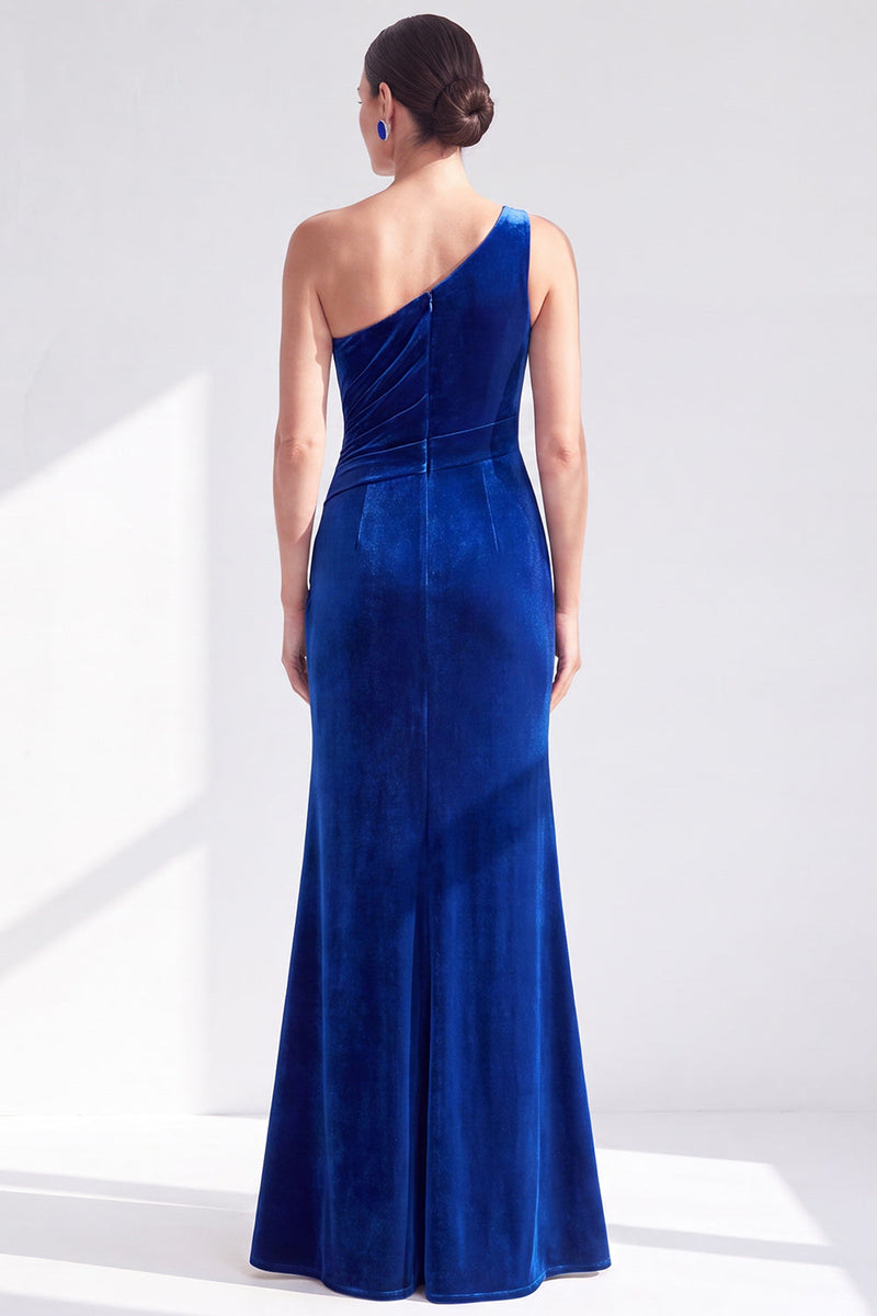 Load image into Gallery viewer, Grey Blue Velvet One Shoulder Mermaid Ruffled Long Mother of the Bride Dress