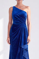 Load image into Gallery viewer, Grey Blue Velvet One Shoulder Mermaid Ruffled Long Mother of the Bride Dress