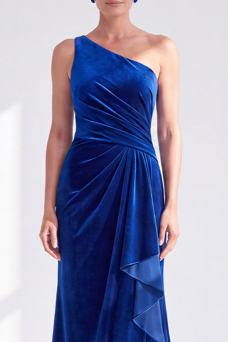 Load image into Gallery viewer, Grey Blue Velvet One Shoulder Mermaid Ruffled Long Mother of the Bride Dress