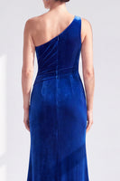 Load image into Gallery viewer, Grey Blue Velvet One Shoulder Mermaid Ruffled Long Mother of the Bride Dress