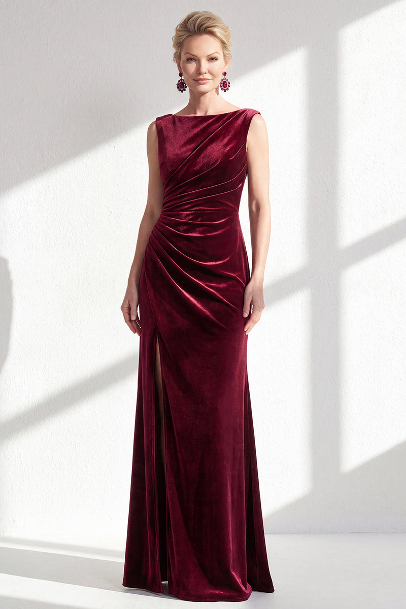 Load image into Gallery viewer, Navy Boat Neck Velvet Long Mermaid Mother of the Bride Dress with Slit
