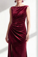 Load image into Gallery viewer, Navy Boat Neck Velvet Long Mermaid Mother of the Bride Dress with Slit
