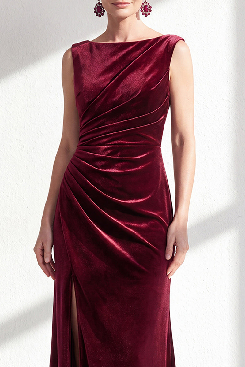 Load image into Gallery viewer, Navy Boat Neck Velvet Long Mermaid Mother of the Bride Dress with Slit
