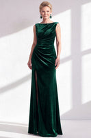Load image into Gallery viewer, Navy Boat Neck Velvet Long Mermaid Mother of the Bride Dress with Slit