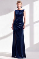 Load image into Gallery viewer, Navy Boat Neck Velvet Long Mermaid Mother of the Bride Dress with Slit