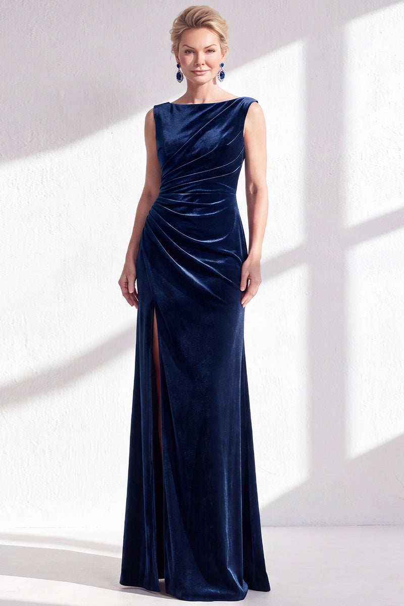Load image into Gallery viewer, Navy Boat Neck Velvet Long Mermaid Mother of the Bride Dress with Slit