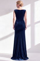 Load image into Gallery viewer, Navy Boat Neck Velvet Long Mermaid Mother of the Bride Dress with Slit