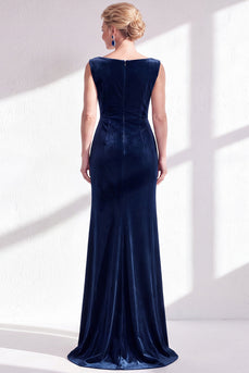 Navy Boat Neck Velvet Long Mermaid Mother of the Bride Dress with Slit
