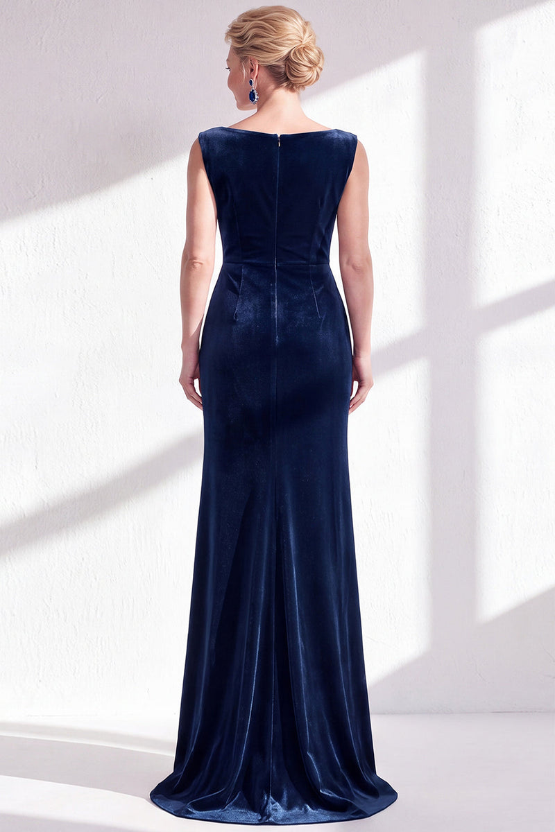 Load image into Gallery viewer, Navy Boat Neck Velvet Long Mermaid Mother of the Bride Dress with Slit