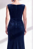 Load image into Gallery viewer, Navy Boat Neck Velvet Long Mermaid Mother of the Bride Dress with Slit