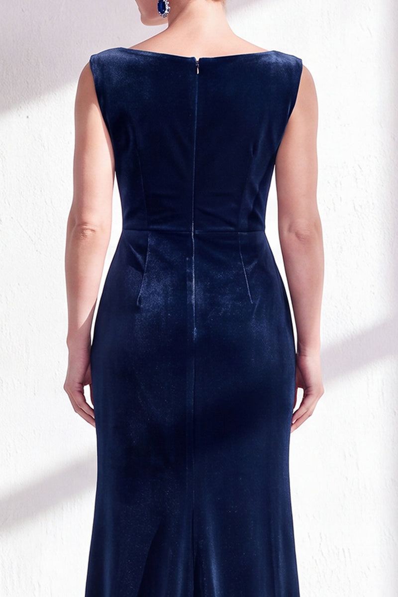 Load image into Gallery viewer, Navy Boat Neck Velvet Long Mermaid Mother of the Bride Dress with Slit