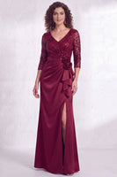 Load image into Gallery viewer, Sparkly Burgundy Floral Ruffled Mermaid Long Mother of the Bride Dress with Lace