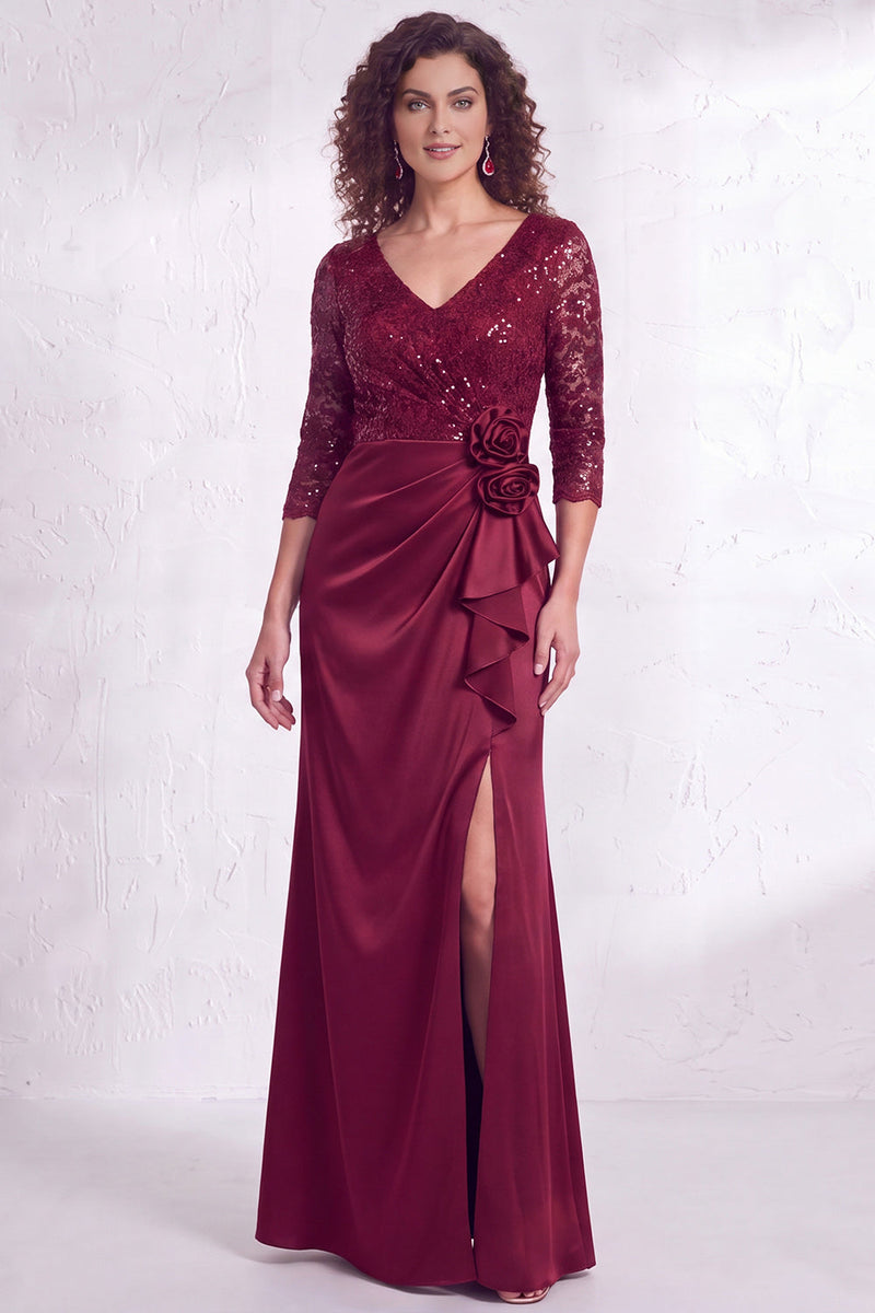 Load image into Gallery viewer, Sparkly Burgundy Floral Ruffled Mermaid Long Mother of the Bride Dress with Lace