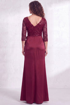 Sparkly Burgundy Floral Ruffled Mermaid Long Mother of the Bride Dress with Lace