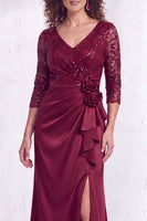 Load image into Gallery viewer, Sparkly Burgundy Floral Ruffled Mermaid Long Mother of the Bride Dress with Lace