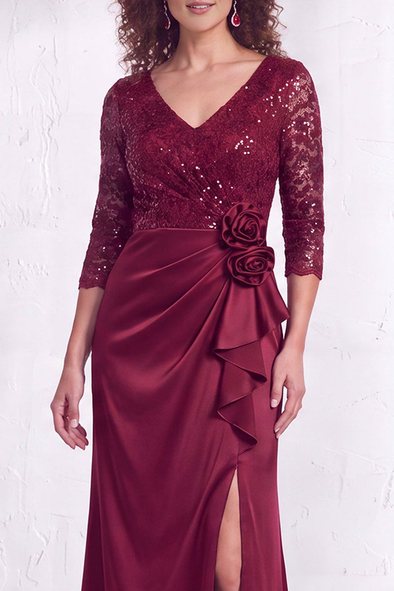 Load image into Gallery viewer, Sparkly Burgundy Floral Ruffled Mermaid Long Mother of the Bride Dress with Lace