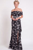 Load image into Gallery viewer, Navy Green Floral Mermaid Off the Shoulder Long Mother of the Bride Dress with Side Cape