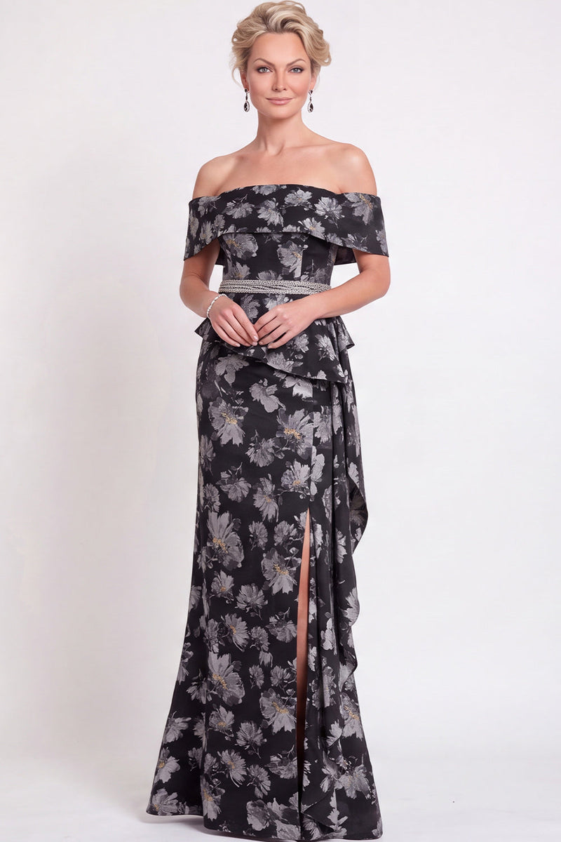 Load image into Gallery viewer, Navy Green Floral Mermaid Off the Shoulder Long Mother of the Bride Dress with Side Cape