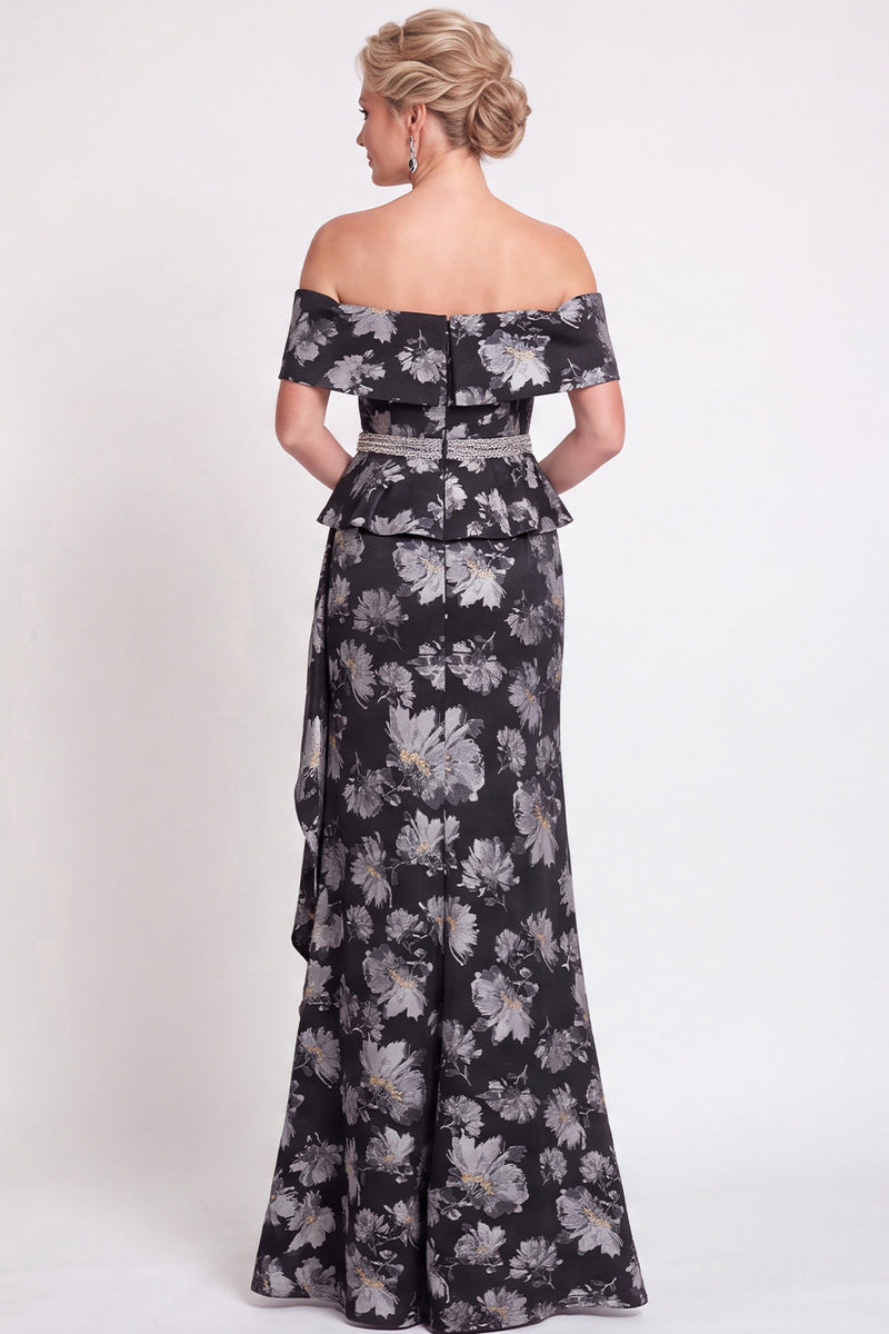 Load image into Gallery viewer, Navy Green Floral Mermaid Off the Shoulder Long Mother of the Bride Dress with Side Cape