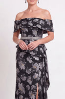 Load image into Gallery viewer, Navy Green Floral Mermaid Off the Shoulder Long Mother of the Bride Dress with Side Cape