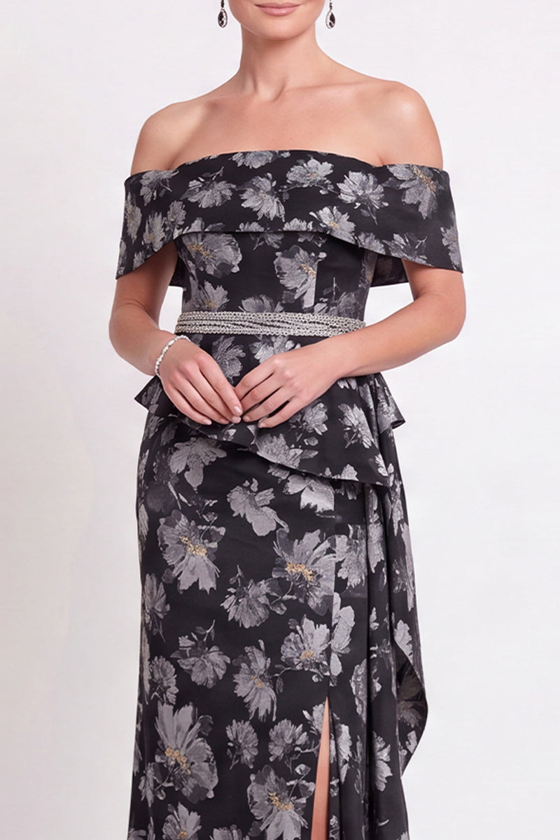 Load image into Gallery viewer, Navy Green Floral Mermaid Off the Shoulder Long Mother of the Bride Dress with Side Cape