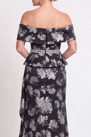 Load image into Gallery viewer, Navy Green Floral Mermaid Off the Shoulder Long Mother of the Bride Dress with Side Cape