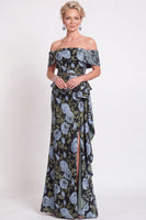 Load image into Gallery viewer, Navy Green Floral Mermaid Off the Shoulder Long Mother of the Bride Dress with Side Cape