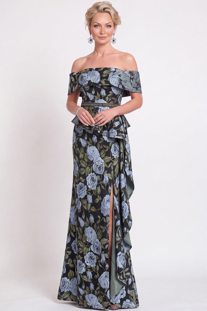 Load image into Gallery viewer, Navy Green Floral Mermaid Off the Shoulder Long Mother of the Bride Dress with Side Cape
