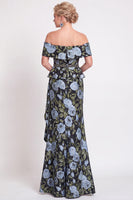 Load image into Gallery viewer, Navy Green Floral Mermaid Off the Shoulder Long Mother of the Bride Dress with Side Cape