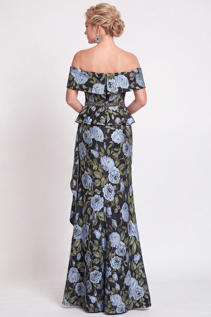Load image into Gallery viewer, Navy Green Floral Mermaid Off the Shoulder Long Mother of the Bride Dress with Side Cape