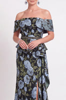 Load image into Gallery viewer, Navy Green Floral Mermaid Off the Shoulder Long Mother of the Bride Dress with Side Cape
