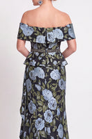 Load image into Gallery viewer, Navy Green Floral Mermaid Off the Shoulder Long Mother of the Bride Dress with Side Cape