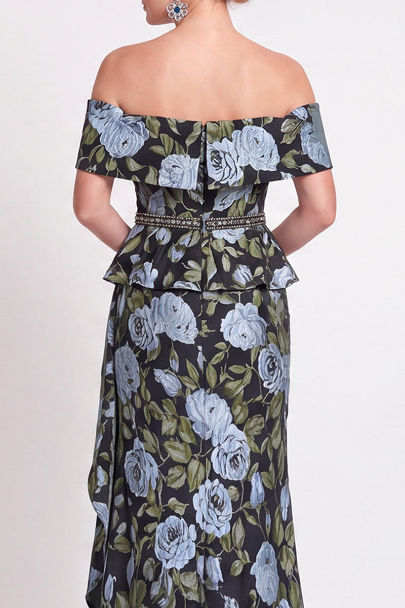 Load image into Gallery viewer, Navy Green Floral Mermaid Off the Shoulder Long Mother of the Bride Dress with Side Cape