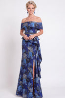 Load image into Gallery viewer, Navy Green Floral Mermaid Off the Shoulder Long Mother of the Bride Dress with Side Cape