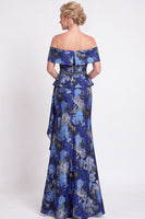 Load image into Gallery viewer, Navy Green Floral Mermaid Off the Shoulder Long Mother of the Bride Dress with Side Cape