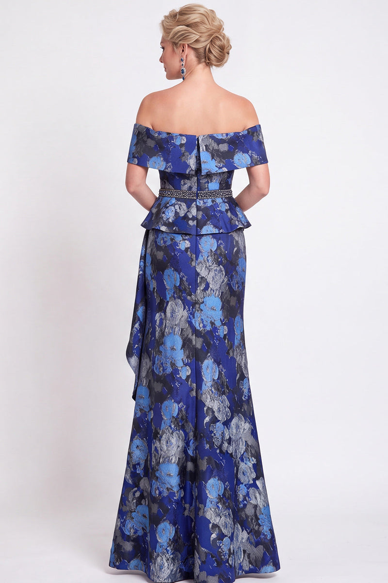 Load image into Gallery viewer, Navy Green Floral Mermaid Off the Shoulder Long Mother of the Bride Dress with Side Cape