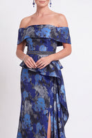 Load image into Gallery viewer, Navy Green Floral Mermaid Off the Shoulder Long Mother of the Bride Dress with Side Cape