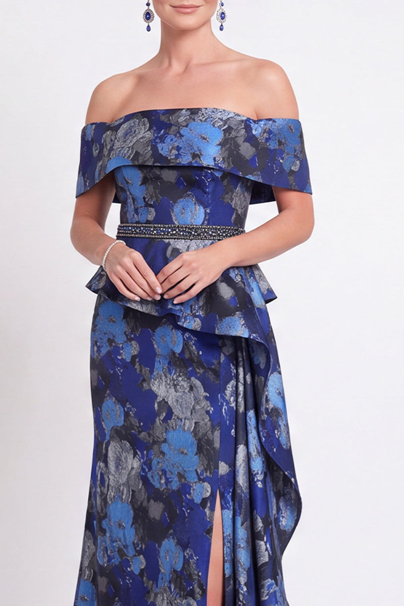 Load image into Gallery viewer, Navy Green Floral Mermaid Off the Shoulder Long Mother of the Bride Dress with Side Cape